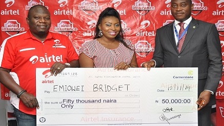 (L-r): Olawale Alao, zonal business manager, Airtel, Mrs. Emiowei Bridget Ofune, Airtel Insurance claimant, and Tokunbo Bello, MD, Life & Retail, Cornerstone, during the cheque presentation to the beneficiary at Airtel Express Shop, Ilupeju, Town Planning Way, Ilupeju, Lagos.